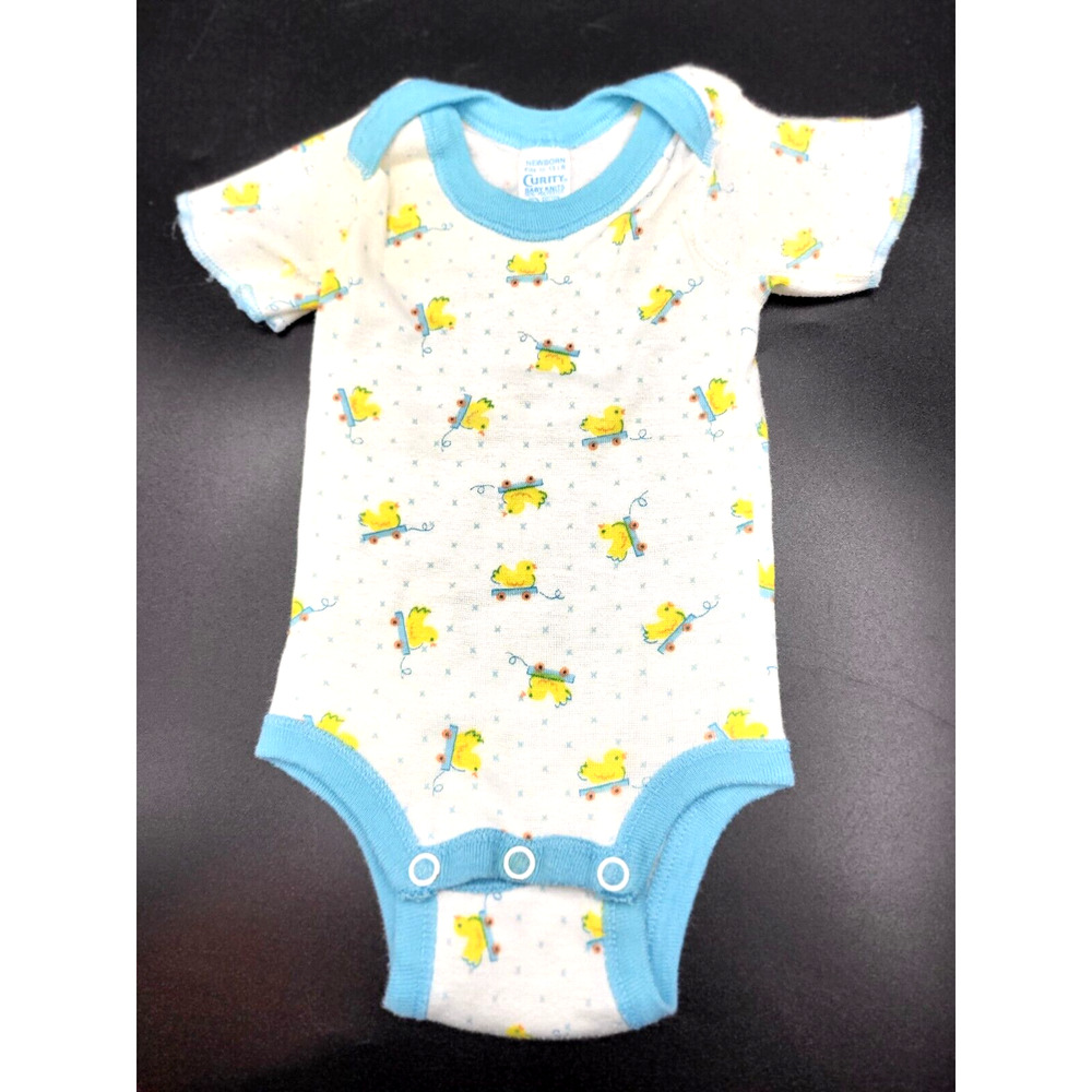 Vintage 80s Curity Newborn 1 Piece White Yellow Ducks Blue Trim Cotton Blend YK